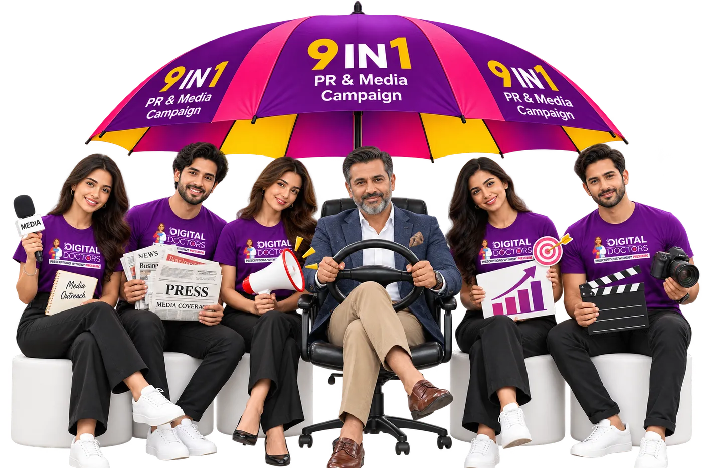 Executive seated at a steering wheel under the 9 IN 1 PR and Media umbrella, surrounded by the dedicated team