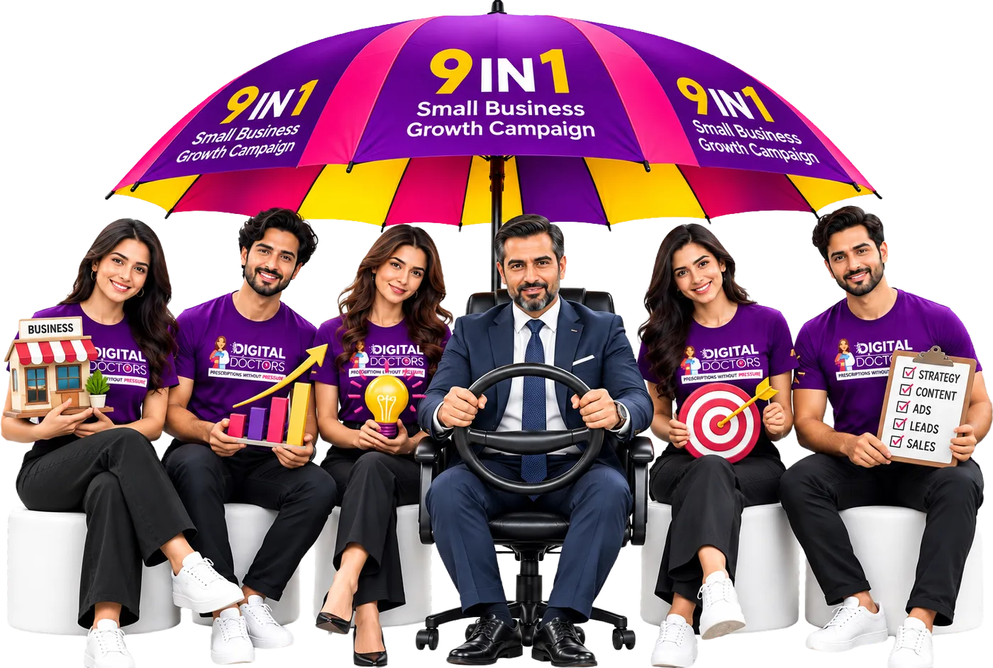 Business owner seated at a steering wheel under the 9 IN 1 Small Business Growth Campaign umbrella, surrounded by the dedicated team